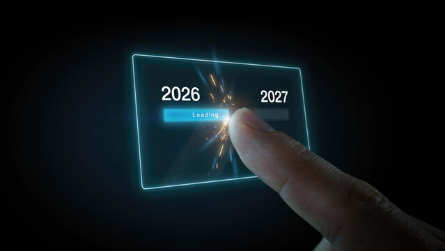 Futuristic digital interface showing progress bar transitioning from year 2026 to 2027 with interacting glowing digital with bar between years