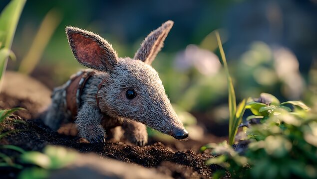 Close up of a small furry aardvark toy sitting on dark soil in a garden with soft green natural background