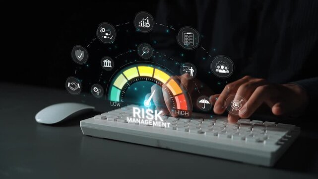 Risk Management Concept with Digital Icons Representing Various Aspects of Risk Analysis and Assessment Over a Computer Keyboard Sigmoid