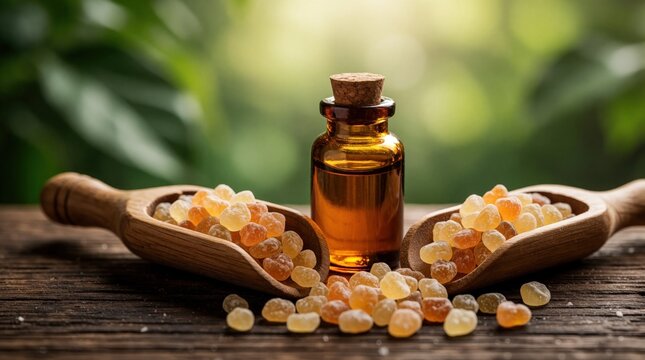 Guggul resin crystals sit on wooden spoons beside small glass bottle with essential oil. Natural aromatic substance for traditional herbal medicine lies on dark rustic table. Organic golden raw