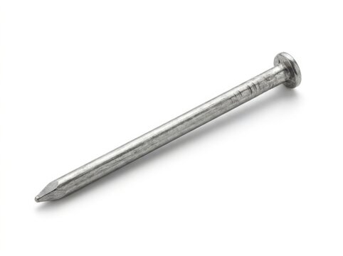 A single industrial metal nail isolated against a clean white studio background