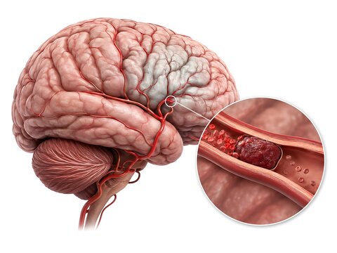Ischemic Stroke From Blood Clot Blocking Brain Artery 3D Illustration