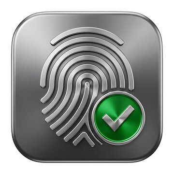 Metallic silver fingerprint icon on square app button with green checkmark badge, brushed steel biometric scan symbol representing verified secure access