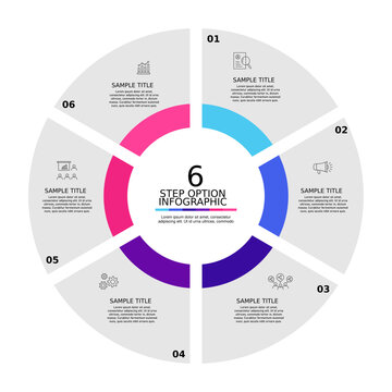 Vector circle infographics 6 options, parts, steps. Template for cycle diagram, graph, puzzle presentation and round chart. Business concept with data processes.