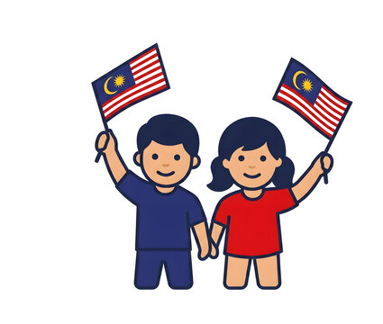 Malaysia Independence Day illustration set featuring traditional wau kite, LRT train, national flag, Tugu Negara monument, map of Malaysia and hibiscus flower