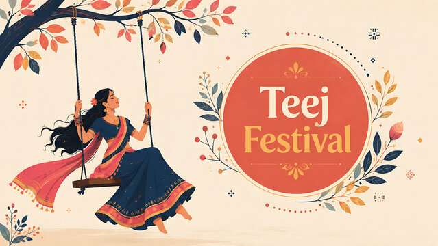 Happy hariyali teej woman in navy dress enjoys tree swing beside elegant floral circle design celebrating colorful kajari teej festival vector illustration