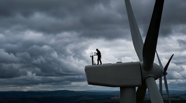 Technician silhouette performing maintenance on top of wind turbine farm