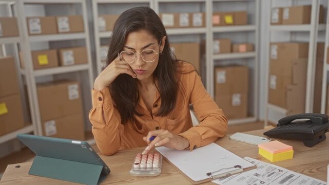 Woman in orange shirt tapping pill organizer and hand on cheek at parcel office building; small business stress.