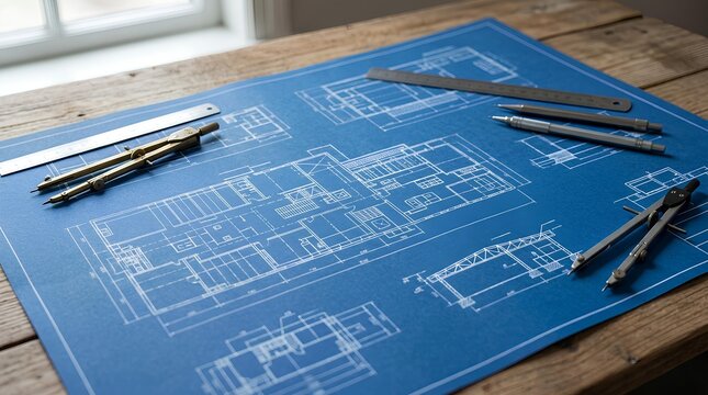 Architectural blueprint with drafting tools on a rustic wooden table