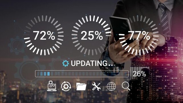 Business Professional Using Smartphone for Data Update in a Cityscape Background with Progress Bars and Analytics Indicators. Entropy.