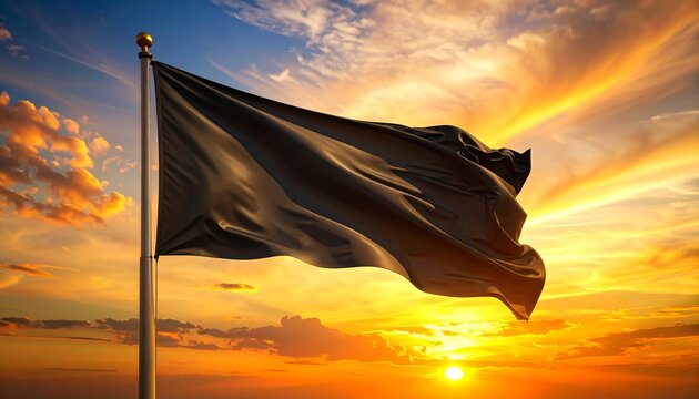 Plain black flag on flagpole against dramatic golden sunset sky, silhouette mockup concept