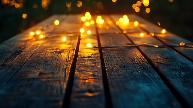 Rustic wooden table, string lights, garden evening, bokeh background. Use product display