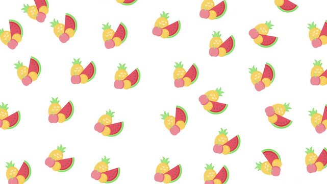  Cute seamless pattern background with cartoon tropical fruits illustration including watermelon pineapple and peach.