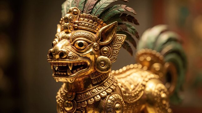 Ancient golden animal sculpture with ornate feather details. Precious Muisca metalwork artifact represents pre-Columbian deity in museum collection. Ornate symbolic figure shows divine indigenous