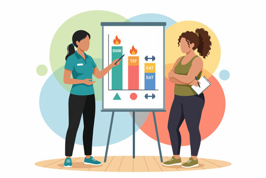 Fitness Coach Explaining Metabolic Rate and Weight Loss to Client