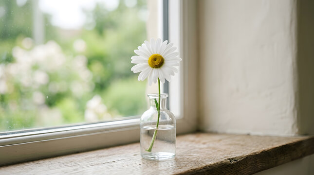 Single daisy in a glass vase on a wooden windowsill with a blurred green garden background