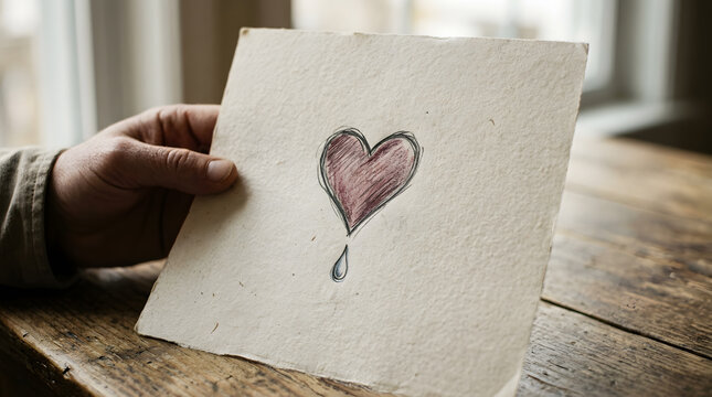 Hand holding a drawing of a bleeding heart with a tear drop on textured paper