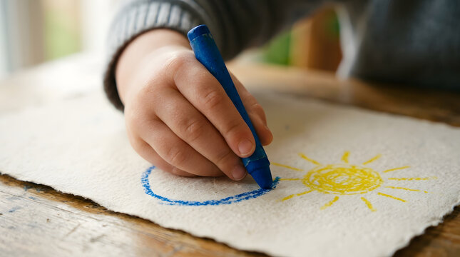 Close up of a young child's hand holding a blue crayon and drawing a circle on textured paper next to a yellow sun