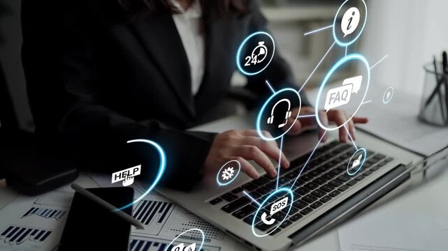 FAQ and online help icons show question, answer, and support system. FAQ improves online help experience, customer service quality, and FAQ knowledge access. Funnel
