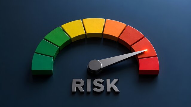 3D risk meter gauge with green to red scale and needle pointing high. Concept of financial investment risk assessment, and danger evaluation.