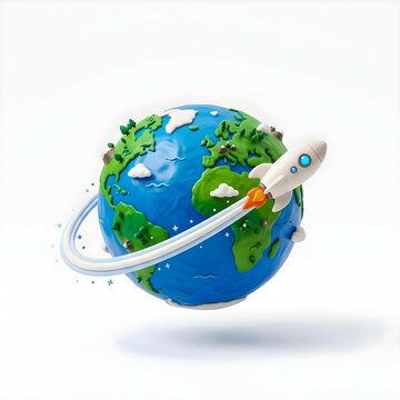 Cute clay-style Earth with a flying rocket orbiting the globe, symbolizing travel, exploration, science, adventure, education, innovation, and global discovery for children.