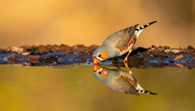 Small zebra finch drinking at a waterhole with clear reflection