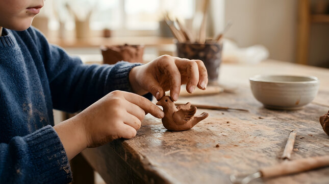 Childs hands shaping a small clay bird sculpture on a wooden table with pottery tools and supplies