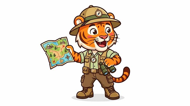 Cartoon tiger explorer holding a map and binoculars.