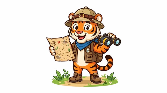 Cartoon Tiger Explorer Holding Map and Binoculars.