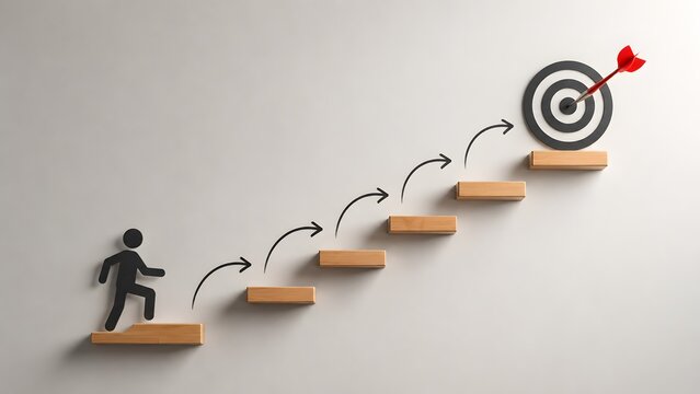 Black figure walking up wooden steps with curved arrows pointing to a target dartboard. Concept of career development progression, personal goal setting, and corporate success roadmap.