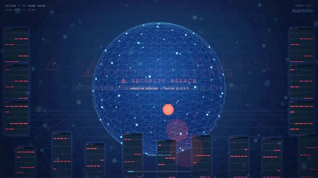 Cybersecurity Breach Alert Escalation on Futuristic Network Globe Interface