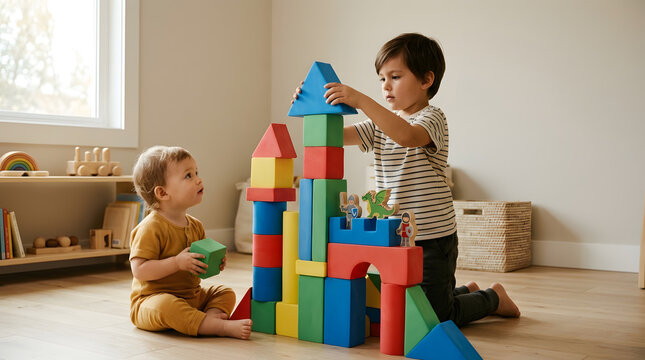 Two young boys building a colorful block castle with toy figures in a bright playroom