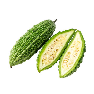 Whole and halved bitter melon isolated as PNG