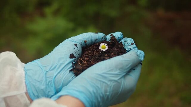 Forest Researcher Using Soil Probe For Environmental Study