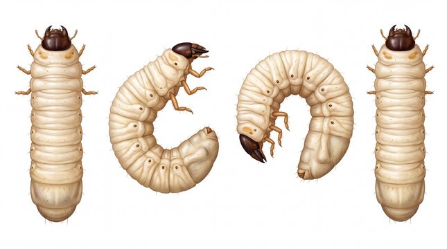 Detailed beetle larvae specimens shown in various poses for scientific study displayed on white background