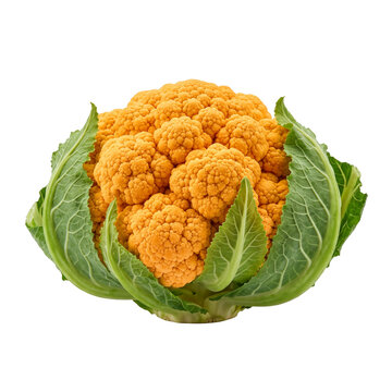Fresh orange cauliflower with green leaves as clean cutout