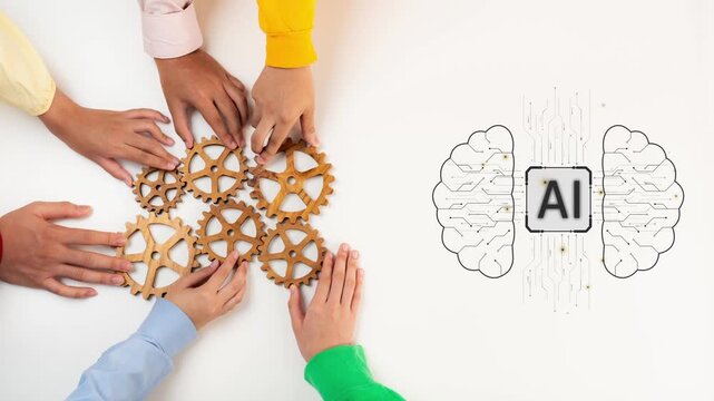 Hands come together to assemble gears, illustrating teamwork and collaboration in artificial intelligence development beside a creative technology concept. Raster
