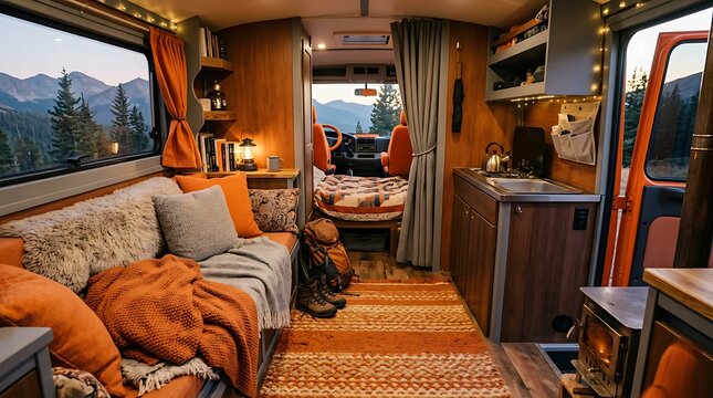 Cozy camper van interior design with wooden furniture and mountain view through the window at sunset