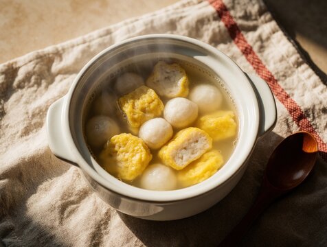 Hot Korean fish cake soup in white ceramic bowl with steam rising. Traditional eomuk guk broth served on textile napkin with wooden spoon. Nutritious asian seafood meal for lunch dinner. Healthy