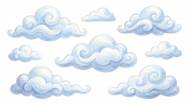Hand drawn collection of fluffy blue clouds isolated on a white background.