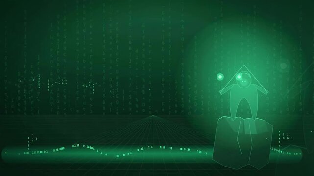 Futuristic Green Wireframe Robot in Digital Cyberspace with Code Rain and Head Particle Explosion