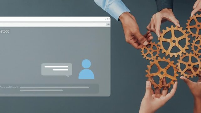 Two hands connect gears while engaging with an AI chatbot interface, symbolizing innovative technology and modern communication in a digital landscape. Raster