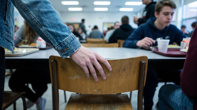 Hand Holding Wooden Chair In Busy School Cafeteria Hall