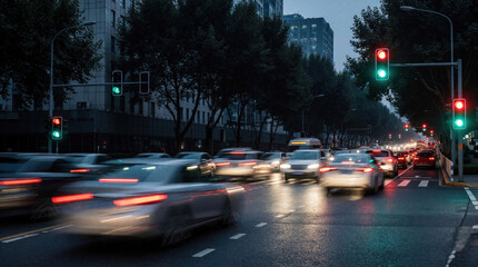 Fototapeta premium Blurred cars drive on city street under green traffic lights at dusk. Vehicles move fast through urban intersection. Motion blur creates dynamic energy on asphalt road. Evening commute traffic shows