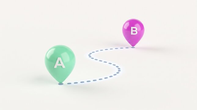 Two colorful location pins connected by a dotted path represent a strategic journey.
