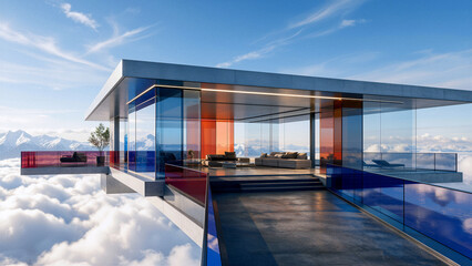 Fototapeta premium Modern house suspended in clouds with mountain view