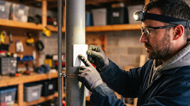 Technician applying a label to a radon mitigation system pipe in a basement.
