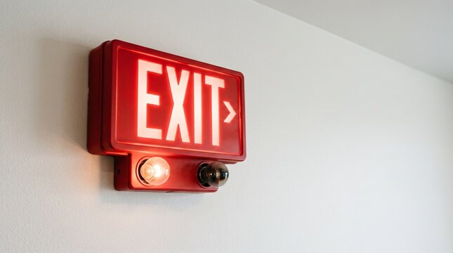 Illuminated red emergency exit sign on white wall