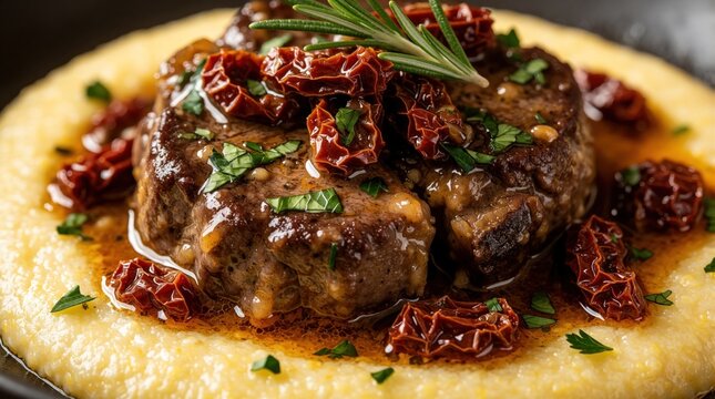 Gourmet osso buco veal shank served on creamy yellow polenta with sun dried tomatoes. Braised meat topped with fresh herbs, rosemary garnish in skillet. Italian culinary dish prepared for fine dining