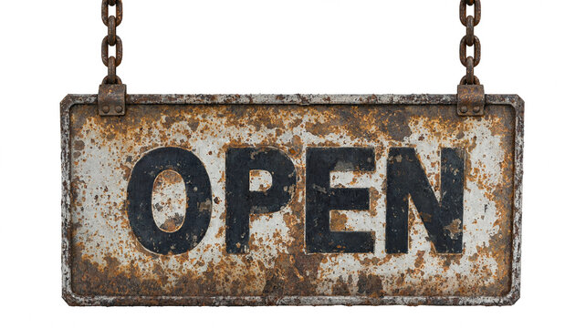 A rustic weathered metal sign reading open hangs on chains for business signage.